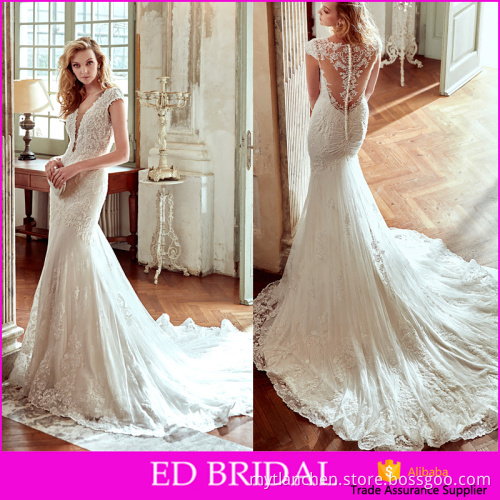 2016 Custom Made Fish Cut Sexy V neckline Lace Cap Sleeve Bridal Mermaid Dress Pattern